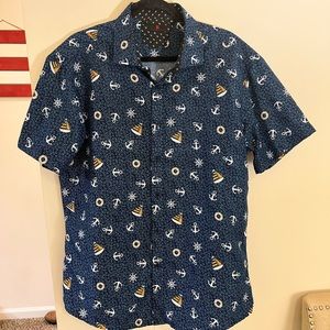 NC Collection navy blue anchors and ships men’s short sleeve button down shirt